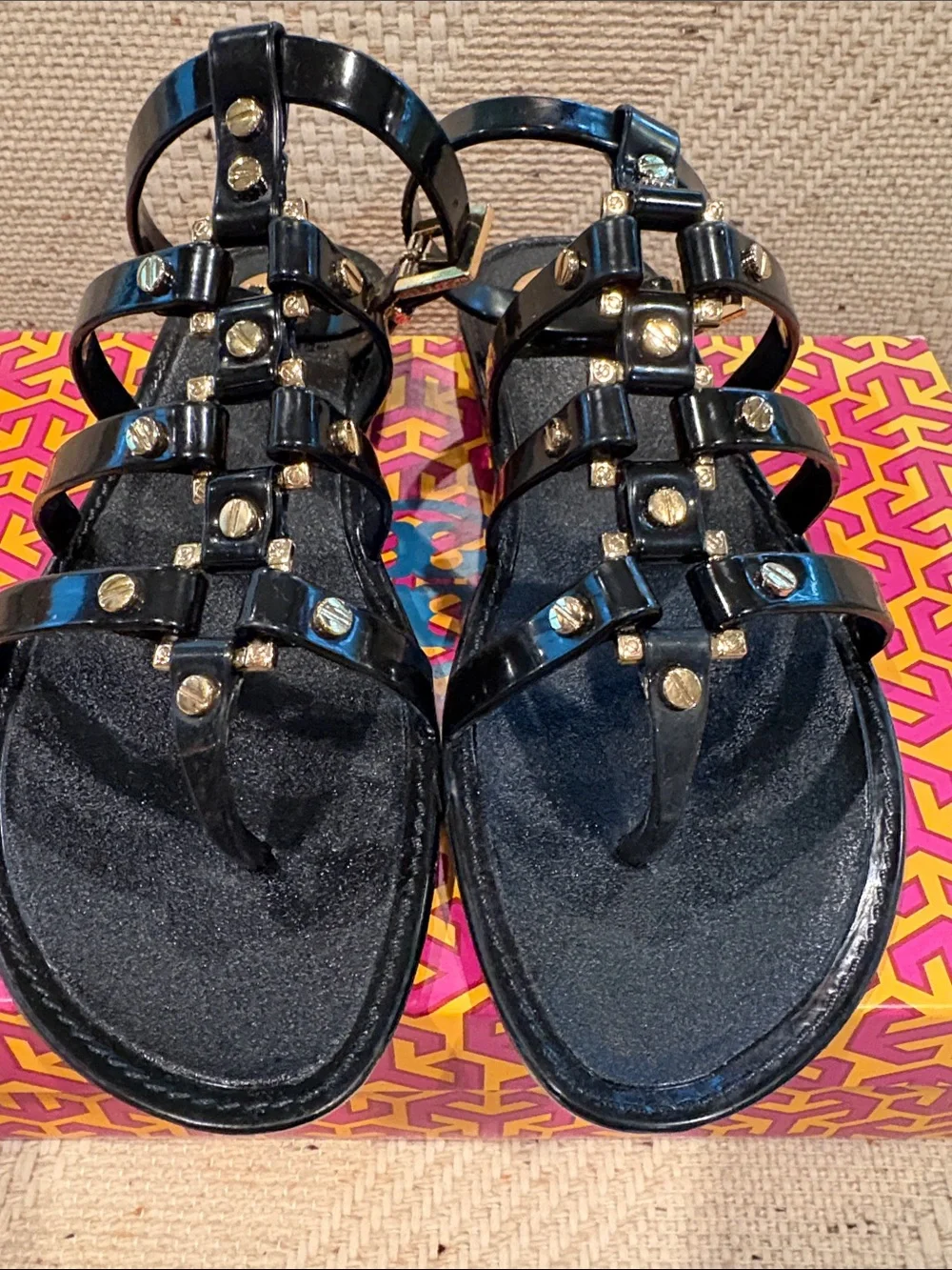 Tory Burch Black Studded Strappy jelly Flat Sandals
